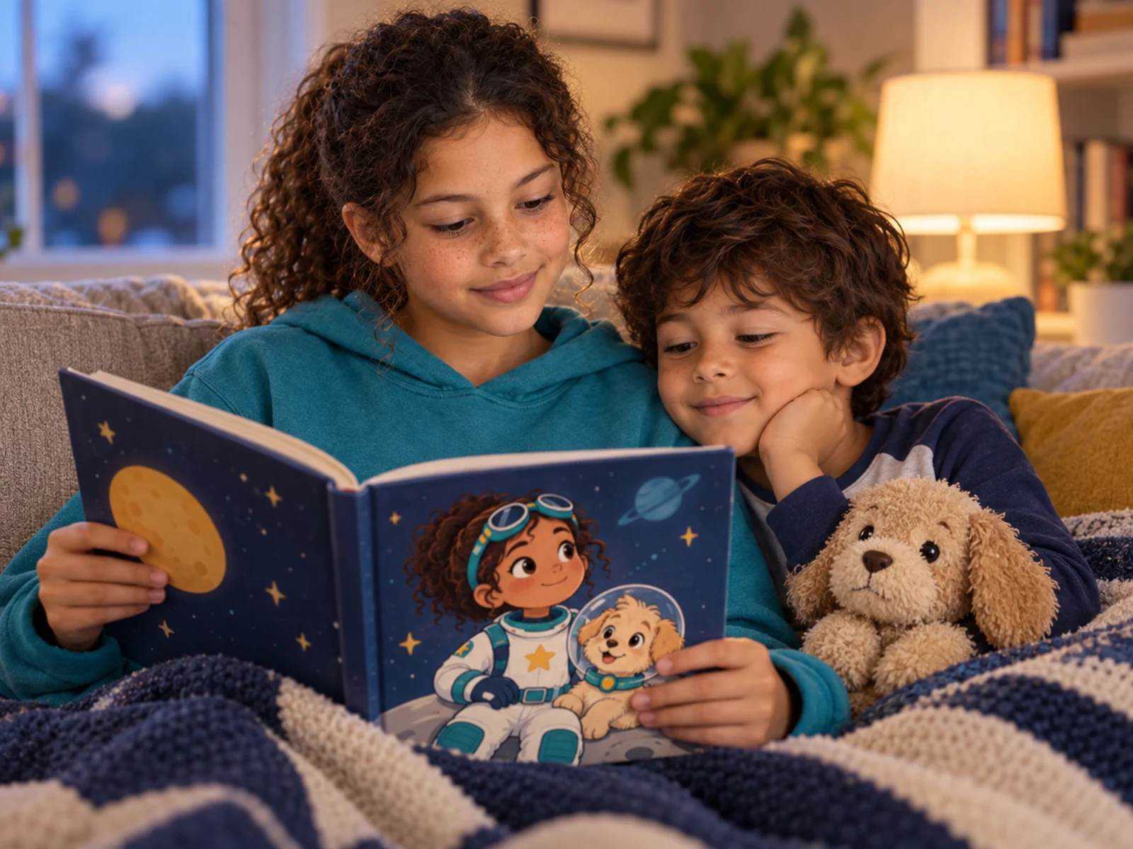 A girl reading a printed book about her own character to her younger brother