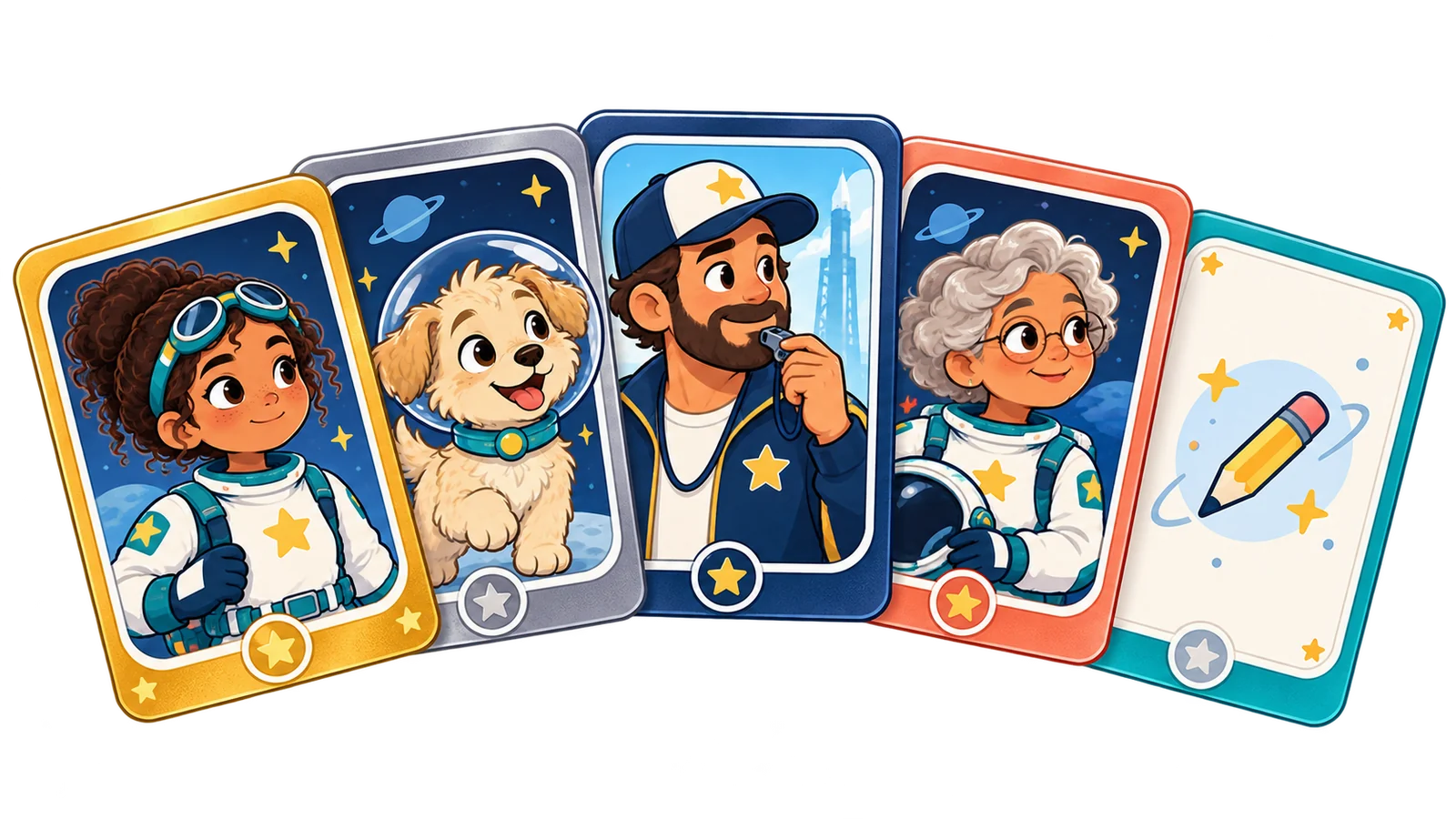 A fan of collectible trading cards, including one with the child as the hero