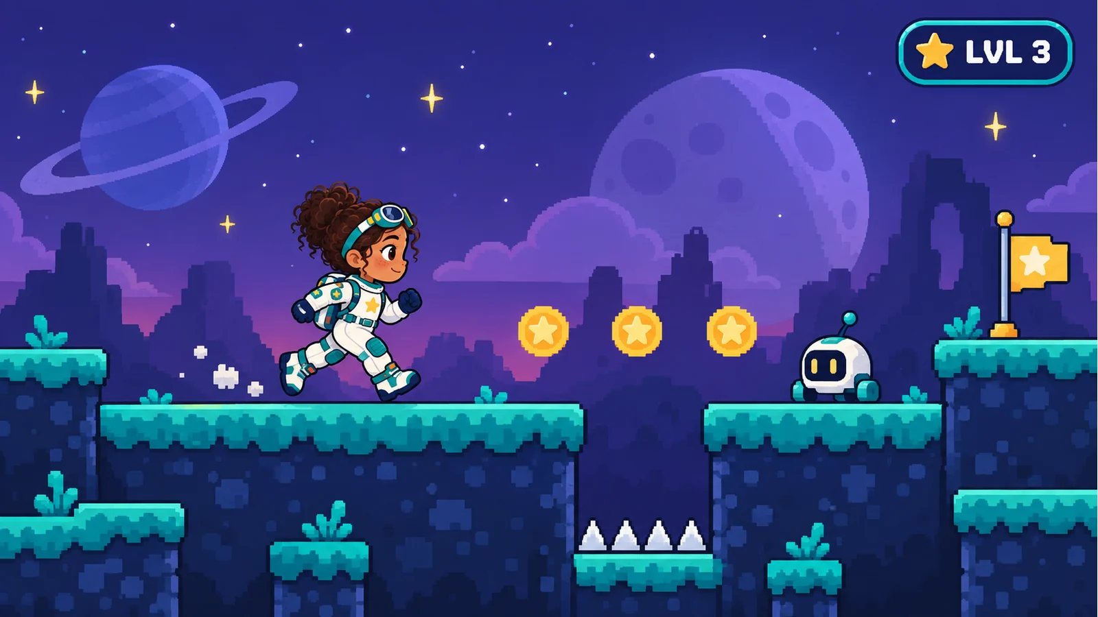 A platformer game screenshot with the child's character as the player