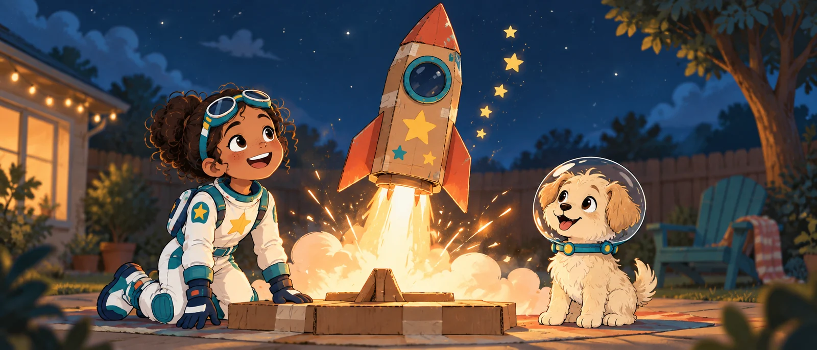 A still from a short animated film: the hero and her dog launching a rocket