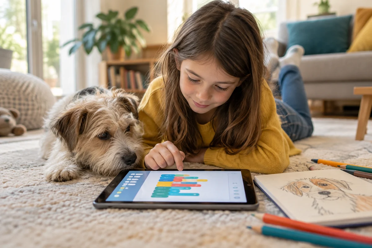 A child on the floor with a tablet, building with visual blocks