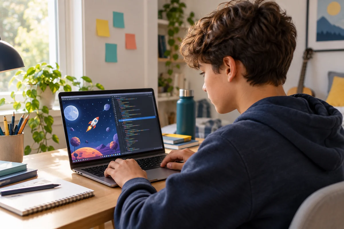 A teenager at a desk with a browser game and a code editor side by side