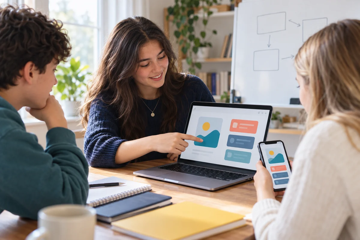 A teenager presenting a web app to friends