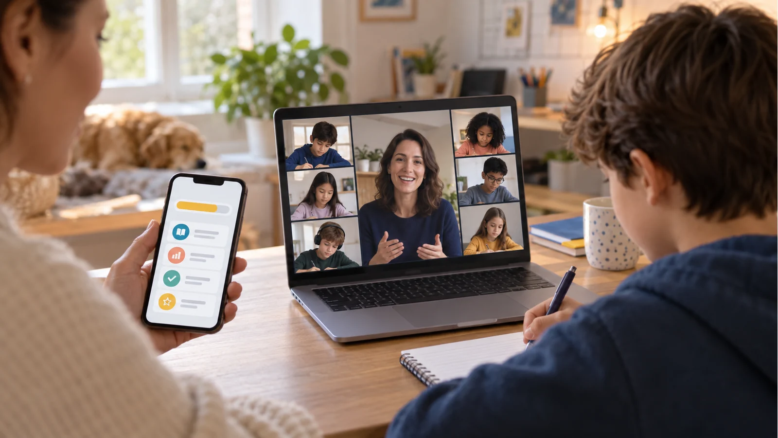 A parent checking the weekly report while a mentor runs a small live group on the laptop